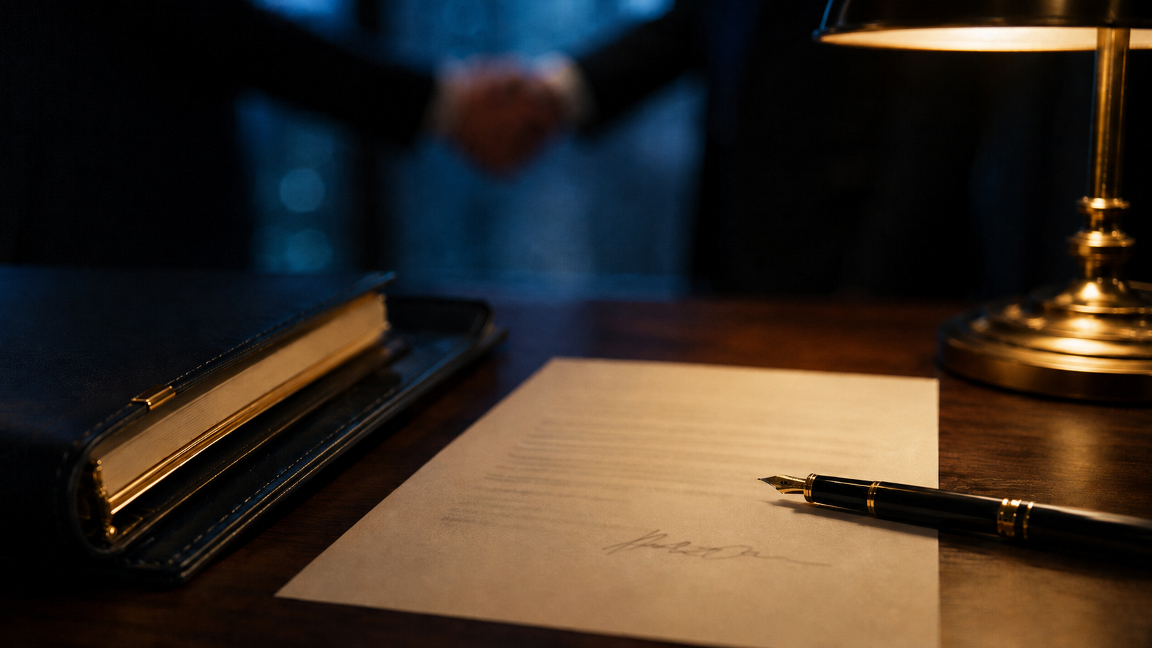 A document being signed on a warm-lit desk with a fountain pen, navy leather portfolio beside it, blurred handshake in the background.