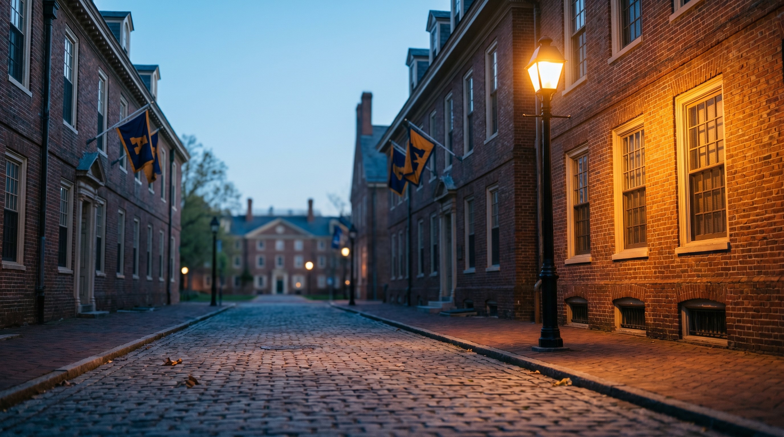 Empty campus walkway lined with old brick academic buildings at dawn, single lamppost glowing, no people.