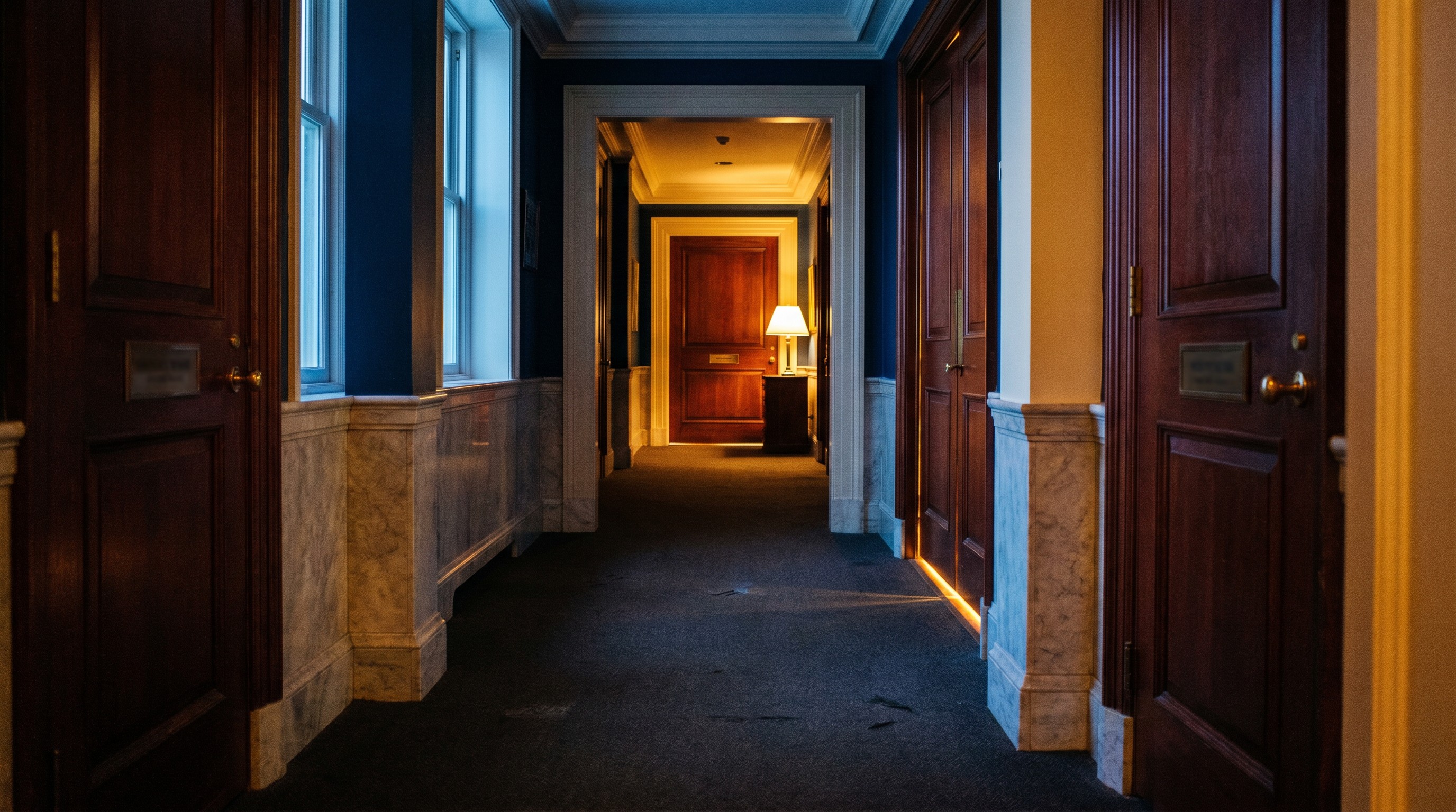 Dim hallway in a college football facility at night, closed office doors, warm light under one door at the far end.