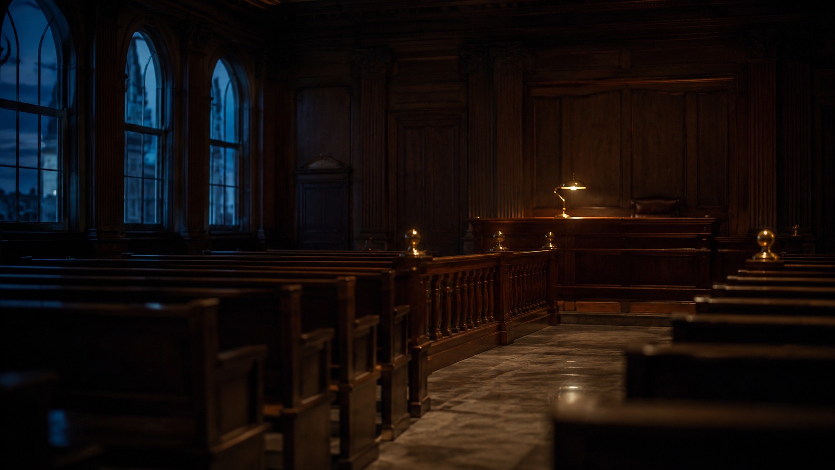 An empty courtroom interior at dusk, single brass lamp glowing on the bench, no people, navy and amber tones.
