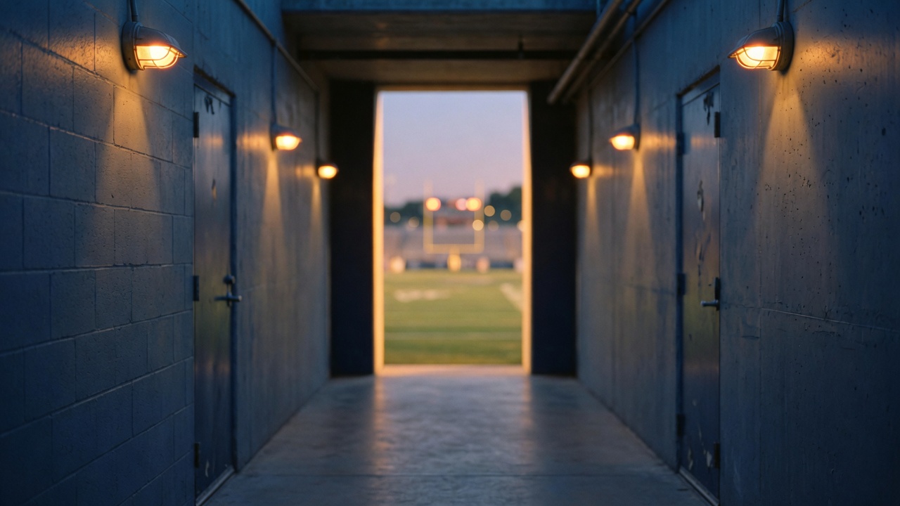 An empty college football stadium tunnel at twilight, the field visible at the end as a slim rectangle of brightness.