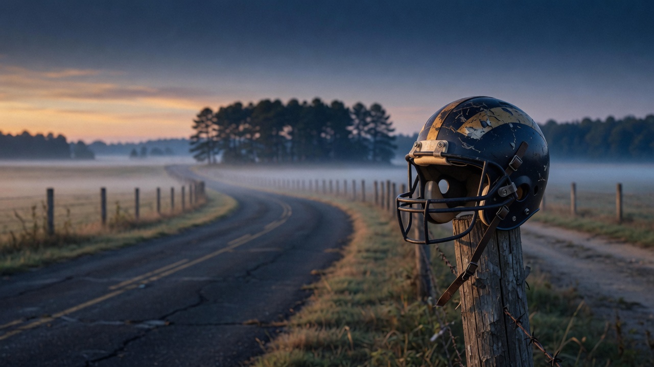 Cinematic dawn shot of a rural Southern state-line highway with a worn football helmet on a roadside fence post.