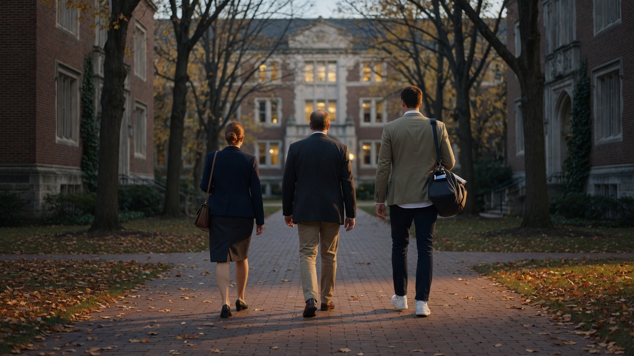 A parent and athlete from behind, walking along a campus walkway toward a brick athletic building in late afternoon light.