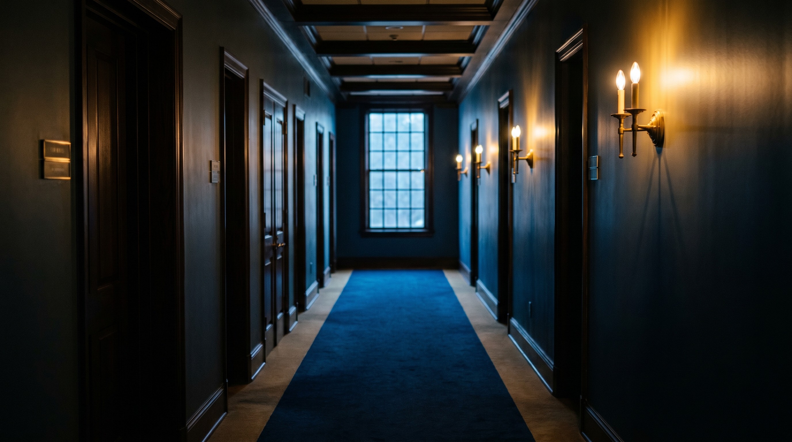 Long empty corridor in a college football administrative facility at dusk, warm brass sconces along closed dark wood doors.