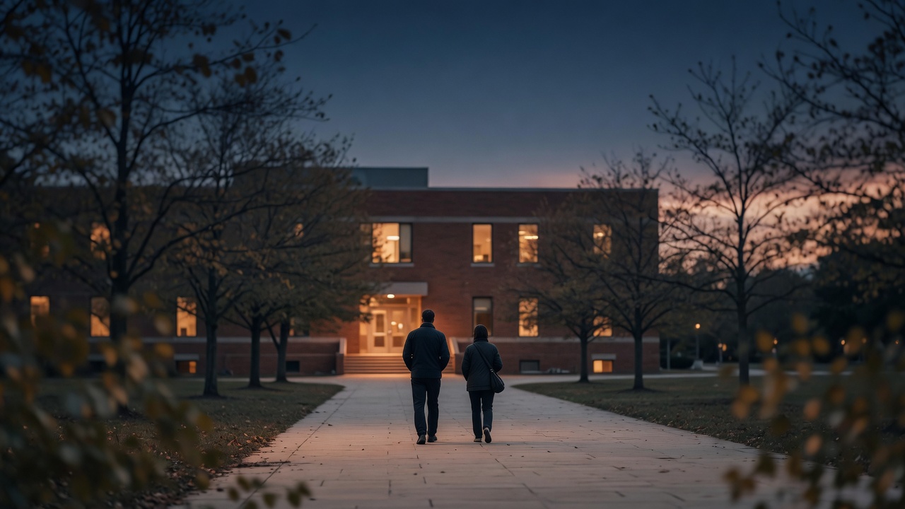 Two figures from behind walking down a tree-lined college campus path at dusk toward warm-lit athletic building windows.