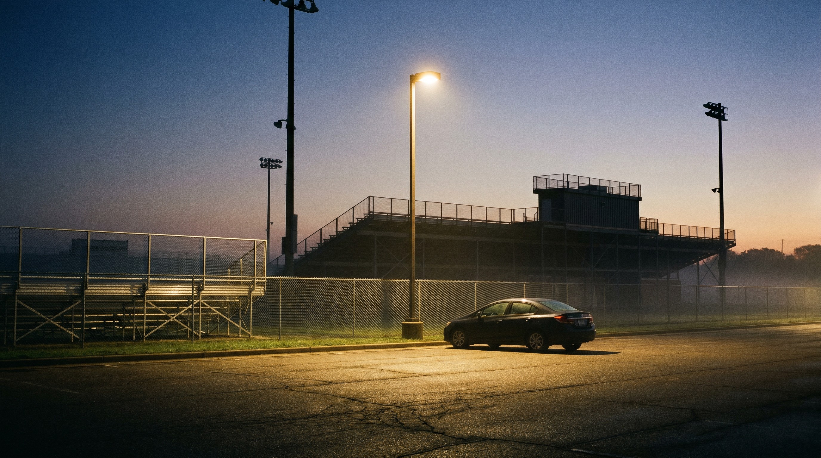 A high school football stadium parking lot before dawn, one parked car under a single overhead lamp casting warm light across wet asphalt.