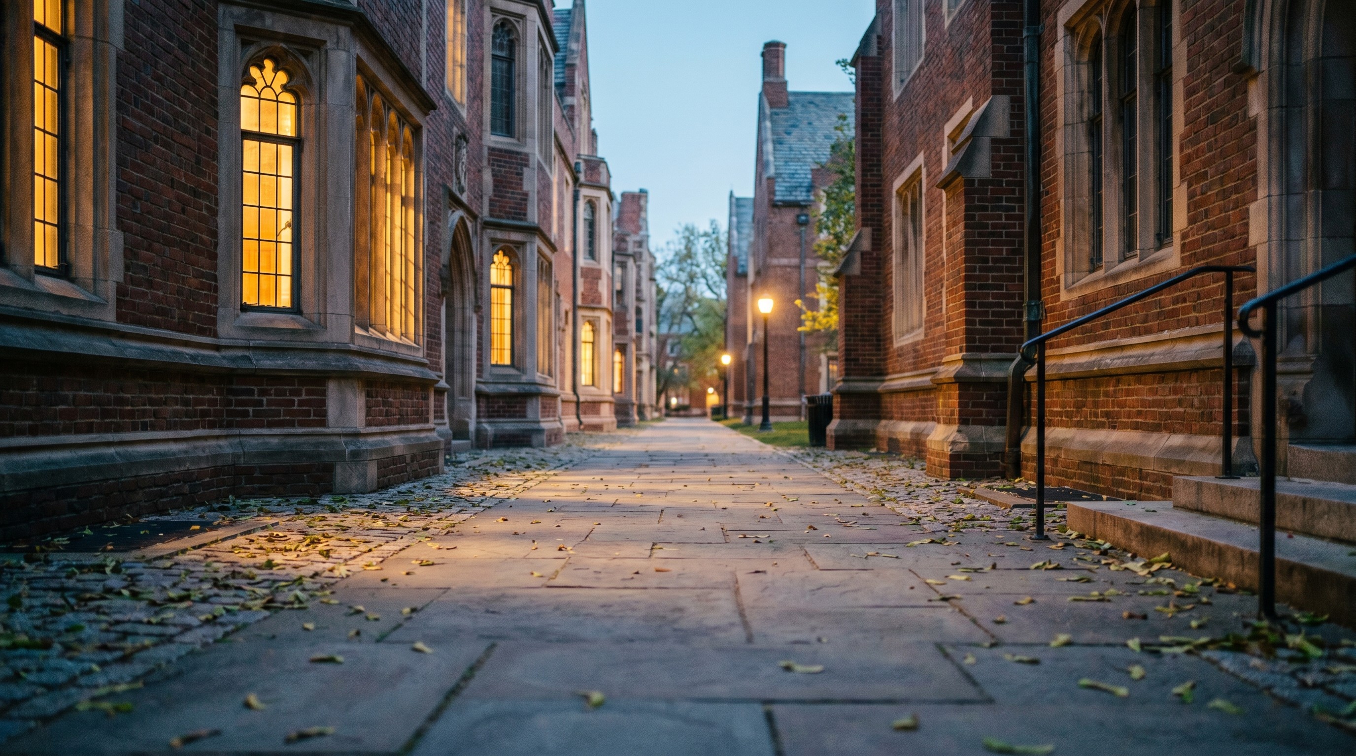 Empty campus walkway lined with brick academic buildings in warm late-afternoon light, no people visible.