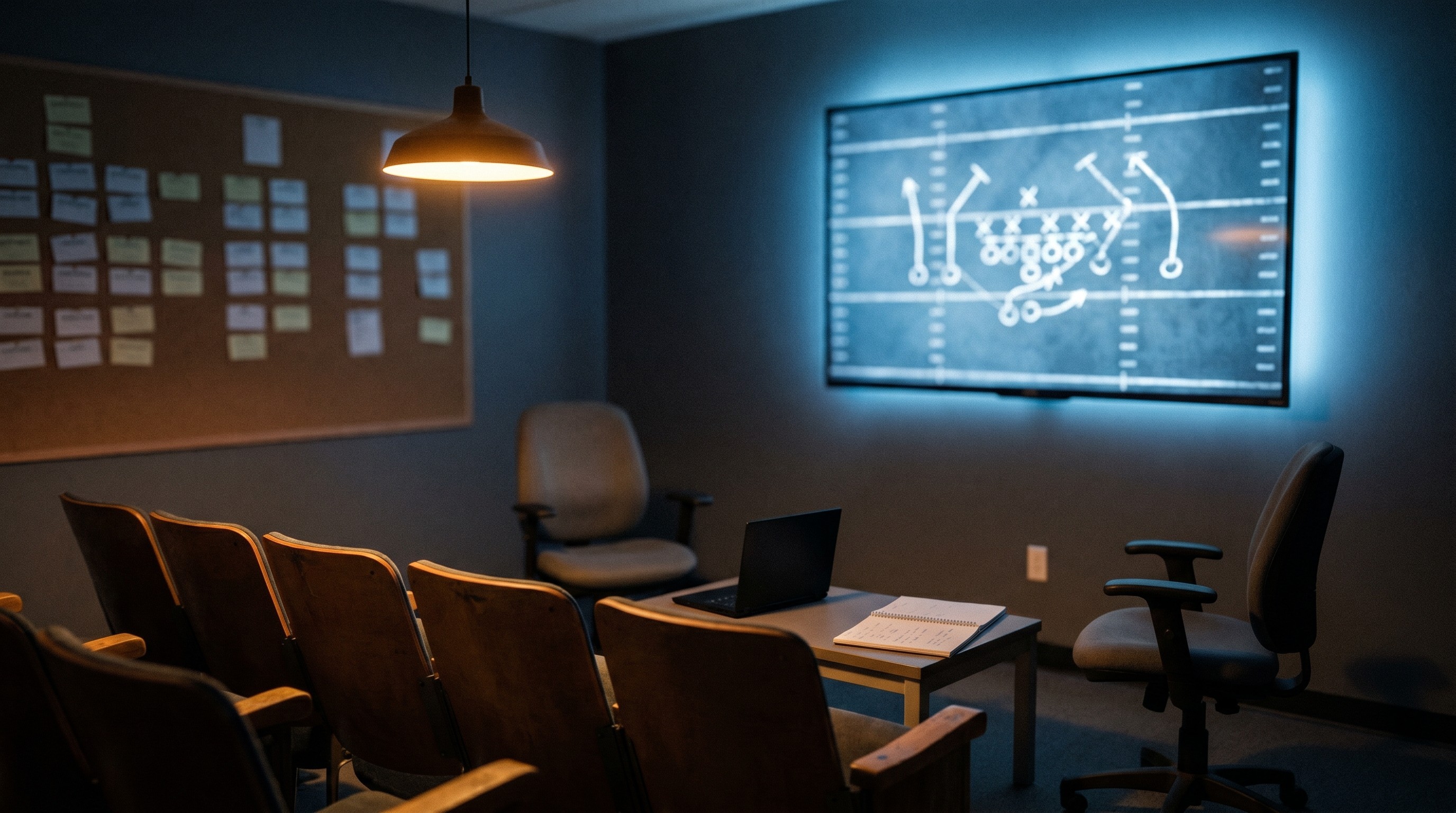 Dimly lit football evaluation room at evening, single monitor paused on a play, empty chairs, warm overhead lamp, no people.