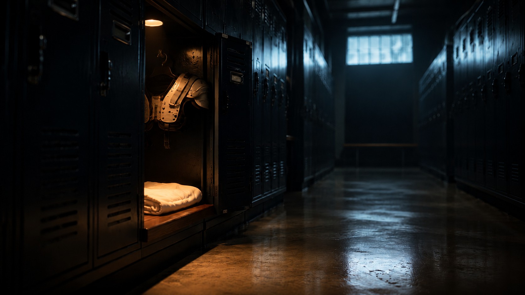 An open locker in a quiet college football locker room aisle, warm lamp light on a folded jersey, no people in frame.