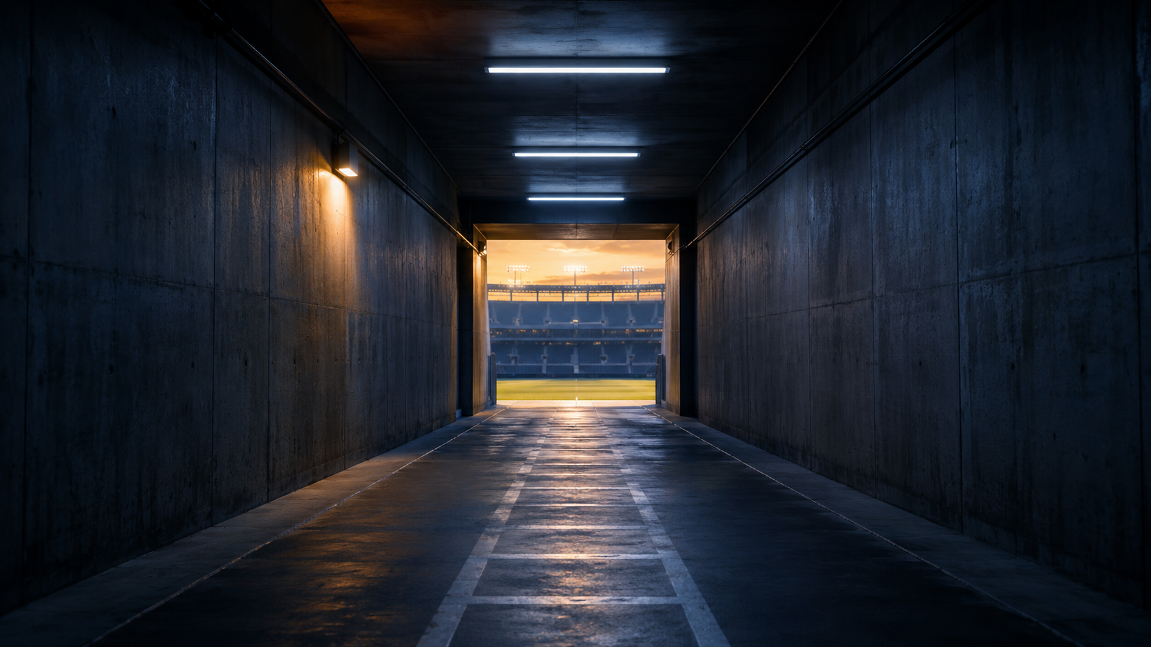Empty stadium tunnel at twilight, navy concrete corridor opening to a softly glowing field at the far end.
