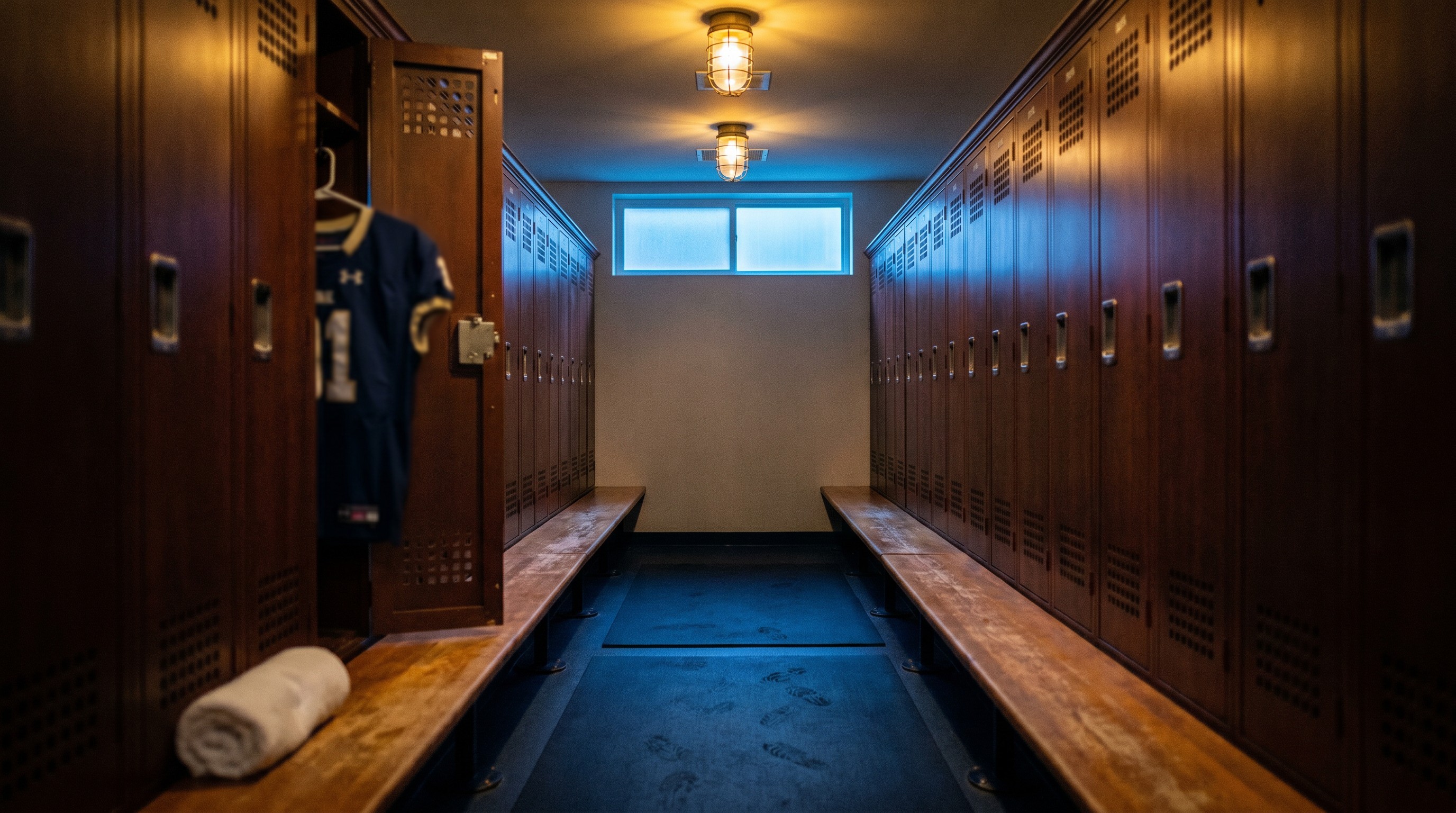 Empty locker room aisle, one open locker with a single jersey hanging, soft warm overhead light, cool blue ambient.