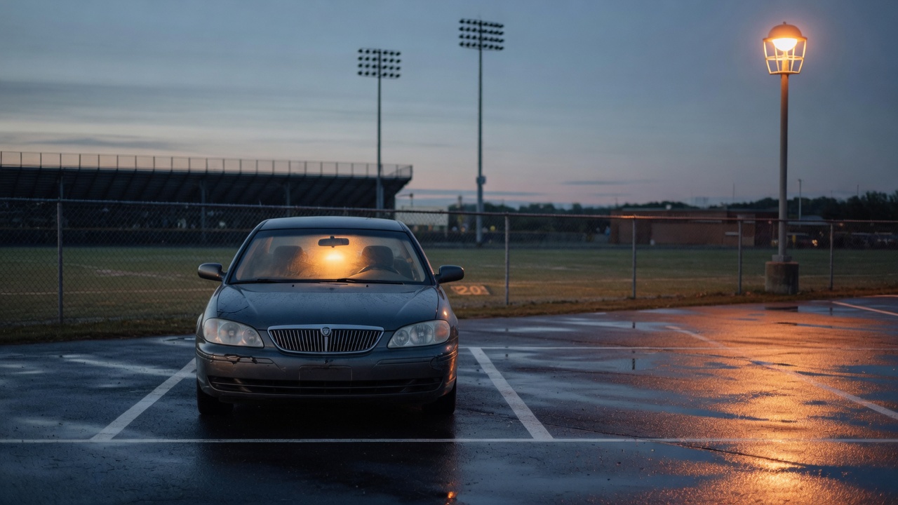 Pre-dawn high school stadium parking lot with a single parked car, warm interior light against cool blue dawn sky.