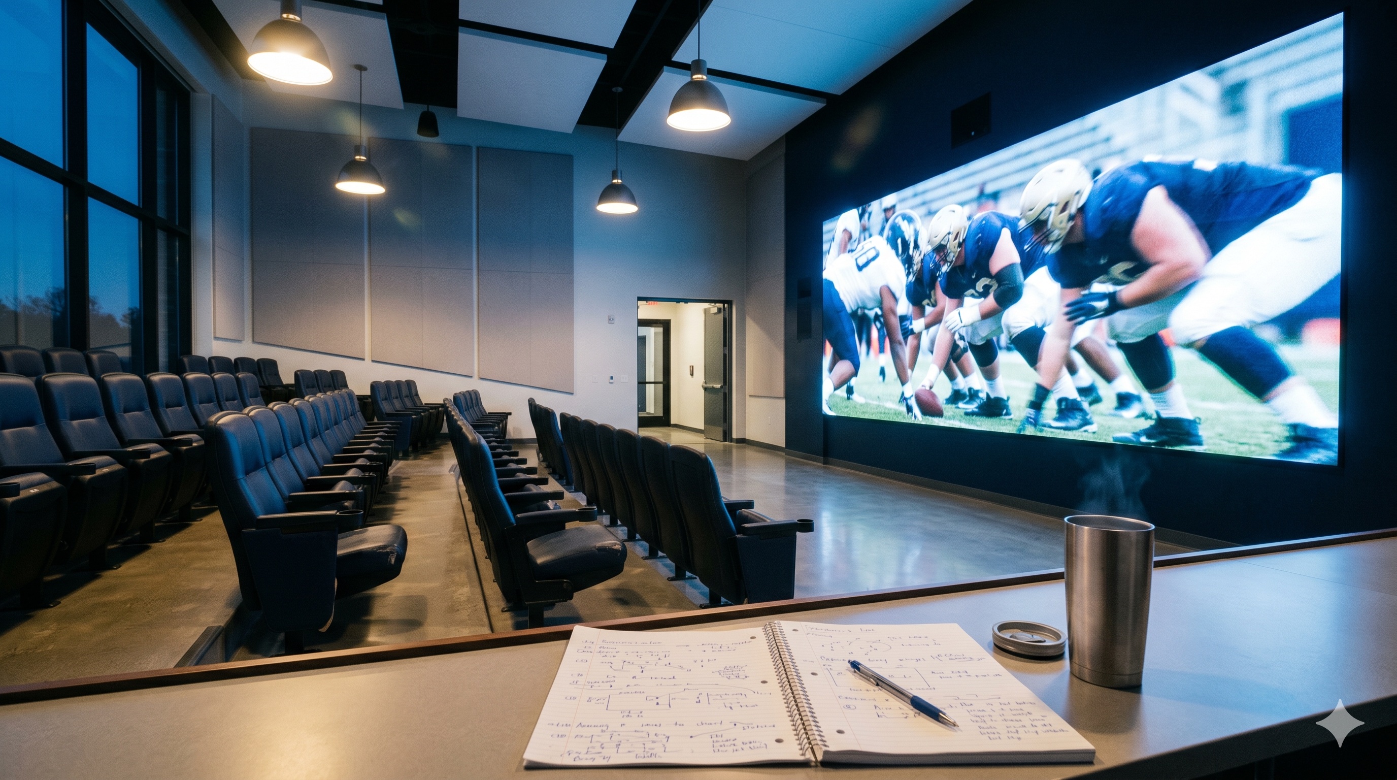 Empty college football film room at dusk with a paused play on the wall-mounted display and an open notebook on the desk.