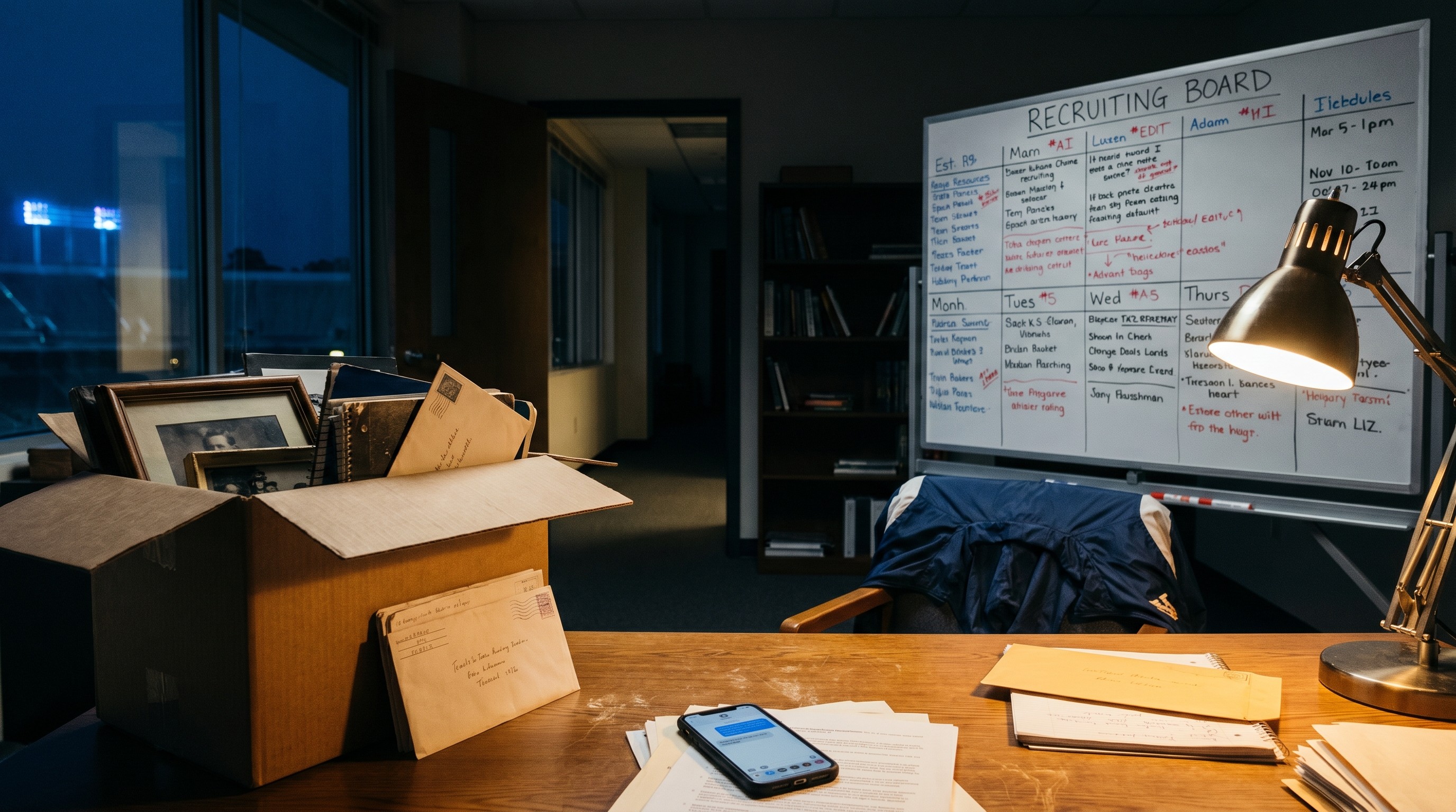 An empty college football coach's office at dusk with the desk lamp on and the blinds half-drawn.