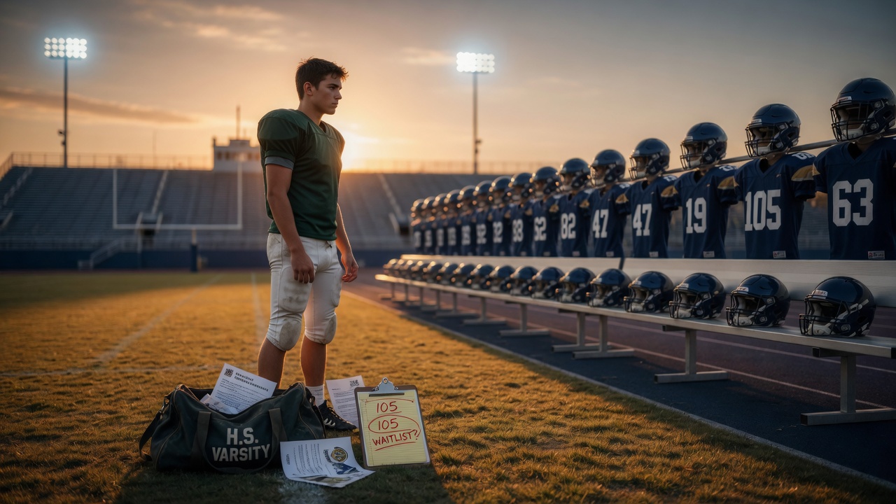 Empty college football locker room aisle at dusk, one open locker with a folded jersey, warm lamp light, no players present.