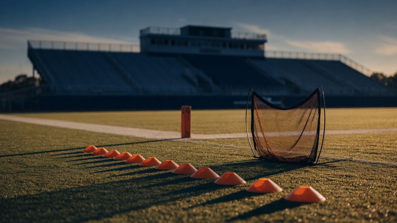 An empty college football practice field at golden hour with cones and a passing net set up for a summer skills camp.