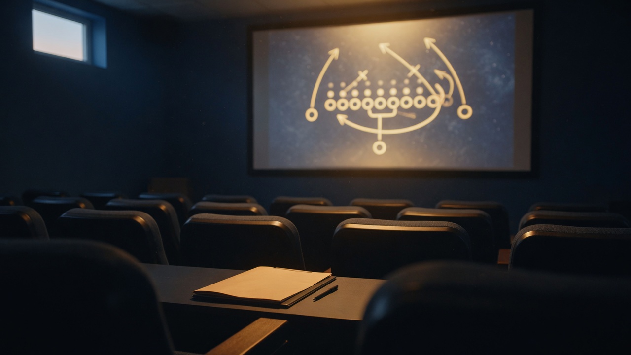 Empty football film room at dawn with a single play frozen on the screen, warm projector glow