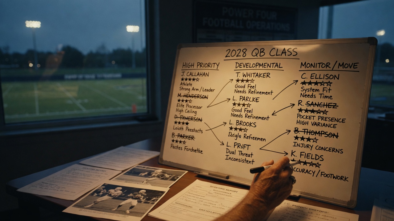 A single football on a dew-covered practice field at dawn, warm light from the side, distant goalposts in soft focus.
