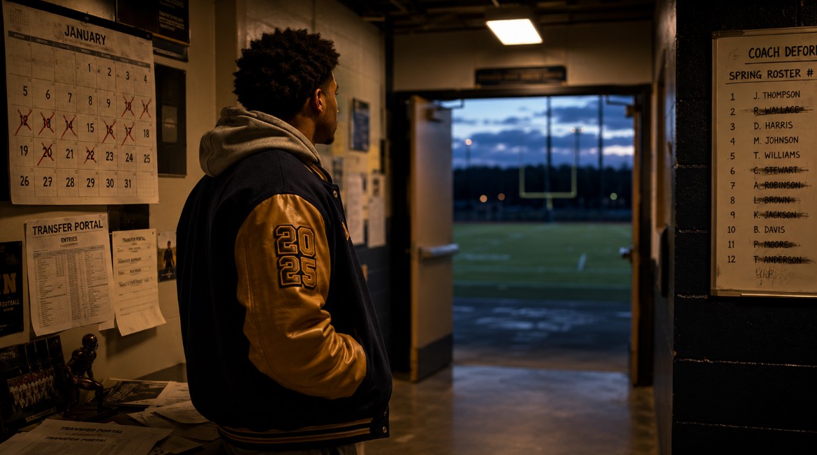 An open locker with a clean jersey on a hanger in a dim locker room aisle, warm light on the jersey, cool blue beyond.