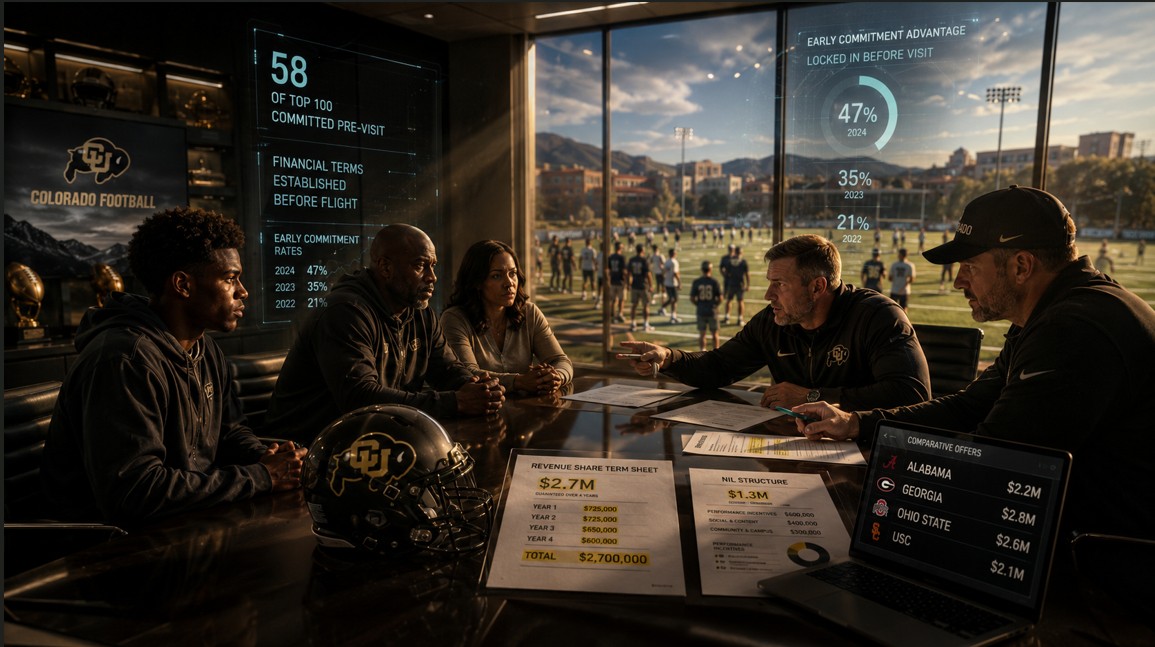 Parent and athlete seen from behind walking toward the entrance of a college athletic facility at dawn