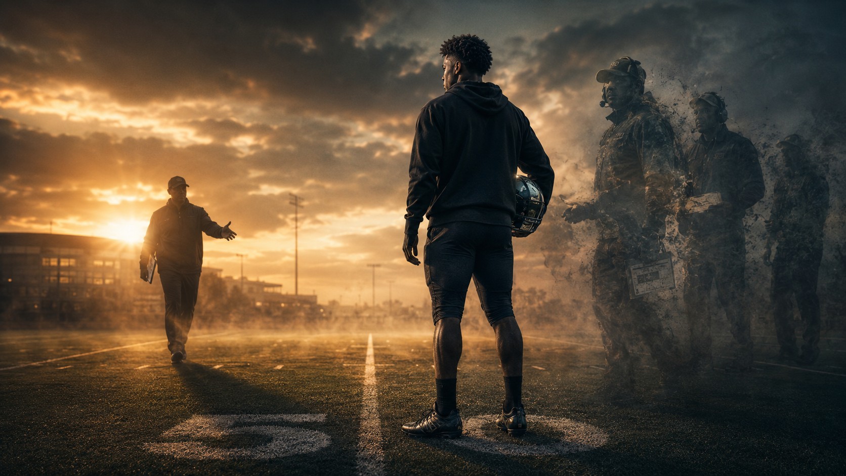 College football coach in dark windbreaker walking an empty sideline at dusk, stadium lights behind, face not shown