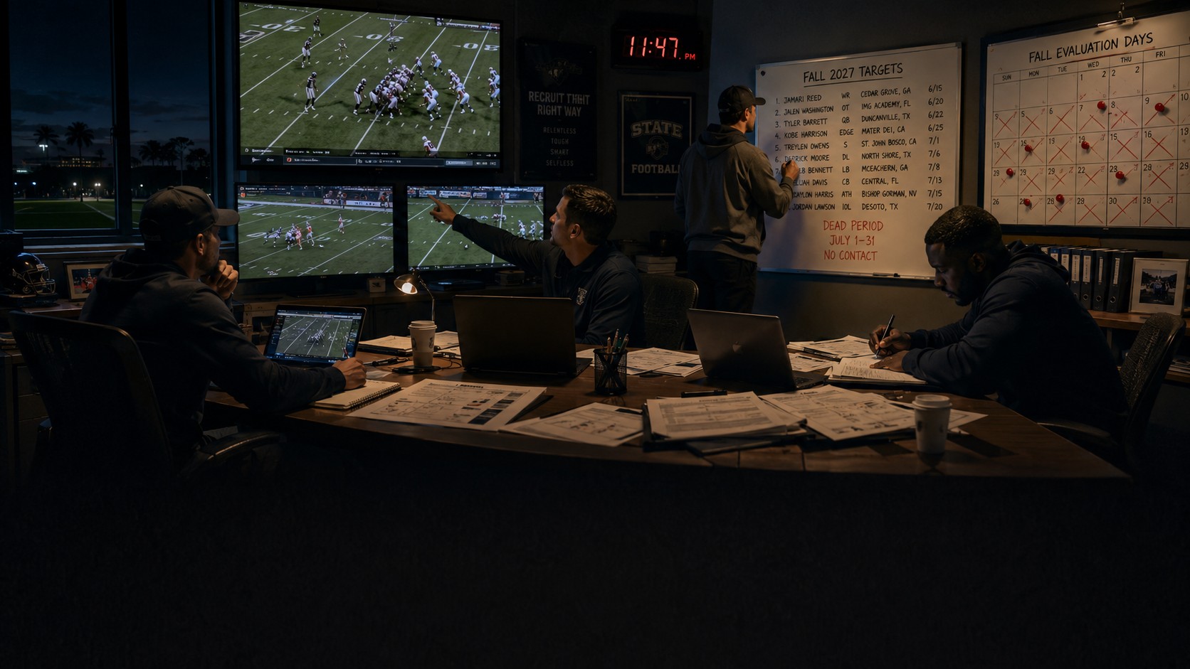 A dark college film room, scouting notebooks stacked beside a paused monitor showing an out-of-focus football formation