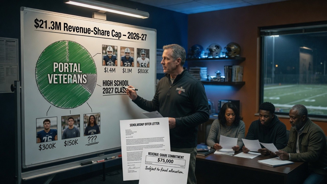 Empty film room with a frozen play diagram on screen, warm tungsten lamp over vacant chairs, cool blue ambient light