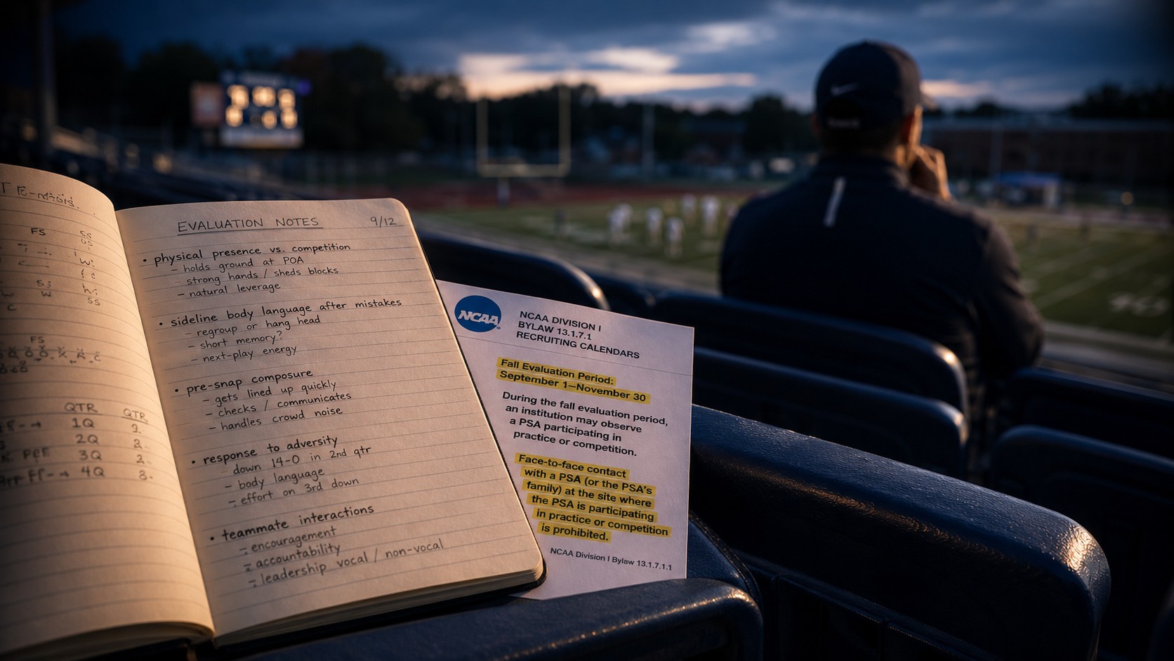 A lone figure in a dark jacket watching a lit football field from empty stadium bleachers at night