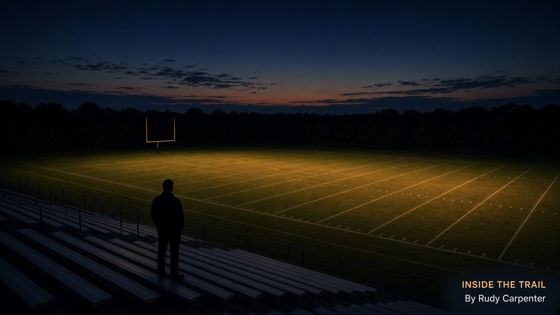 Empty rental car parked beside a high school football stadium at dusk, stadium lights casting warm amber glow