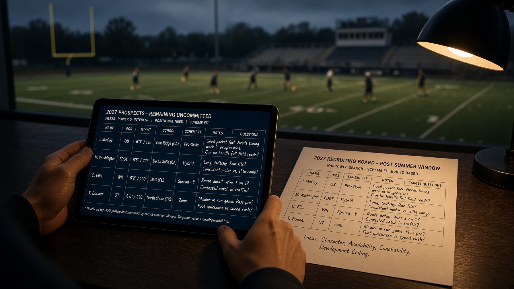 Film room with a frozen formation diagram on screen, empty navy chairs in shadow, amber light in corner