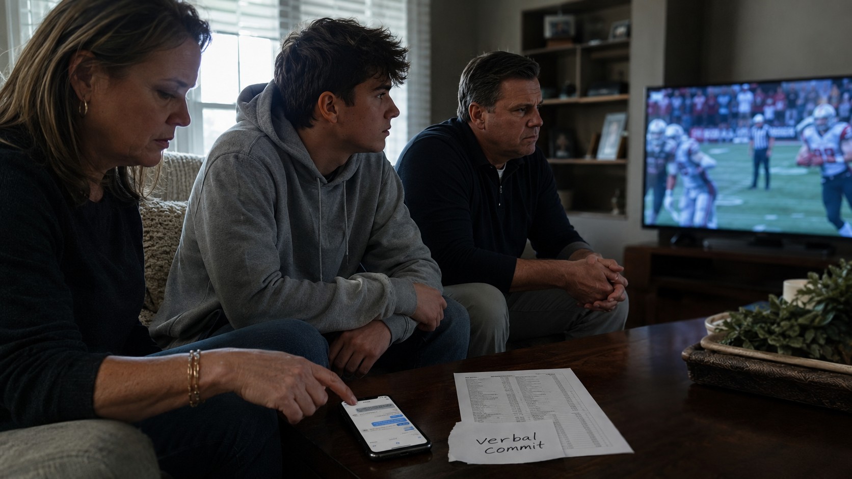 Empty film room, play diagram paused on screen, warm tungsten light on near seats, cool blue ambient from a rear window
