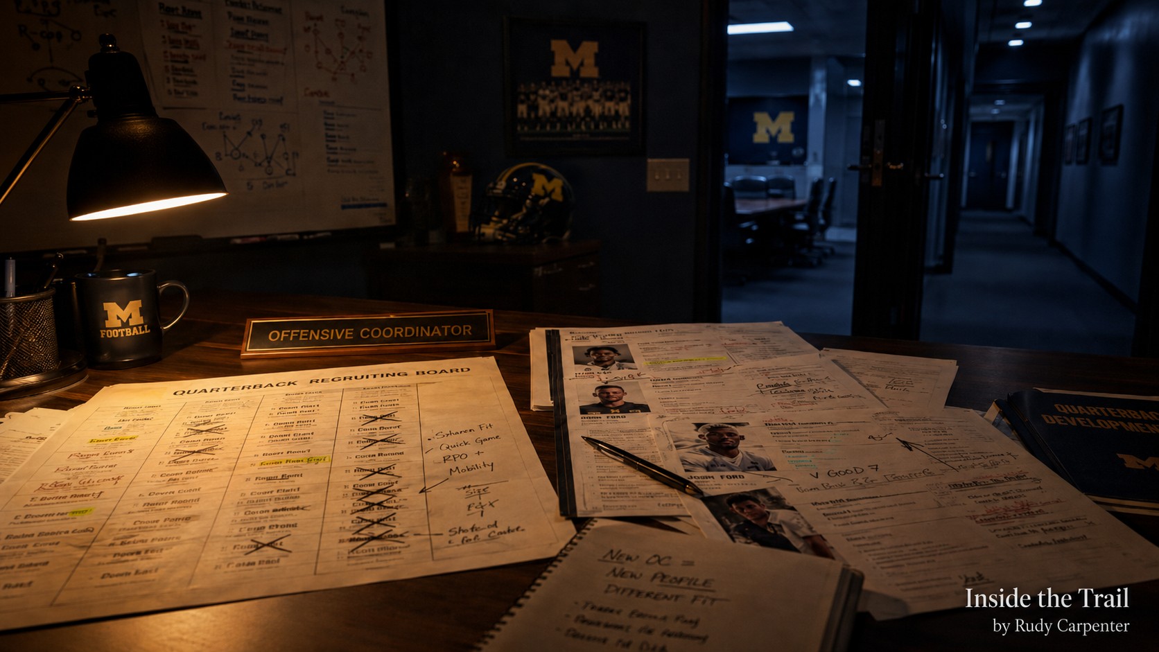 A whiteboard covered in partially erased X's and O's in a dimly lit football facility meeting room, afternoon light raking across the surface