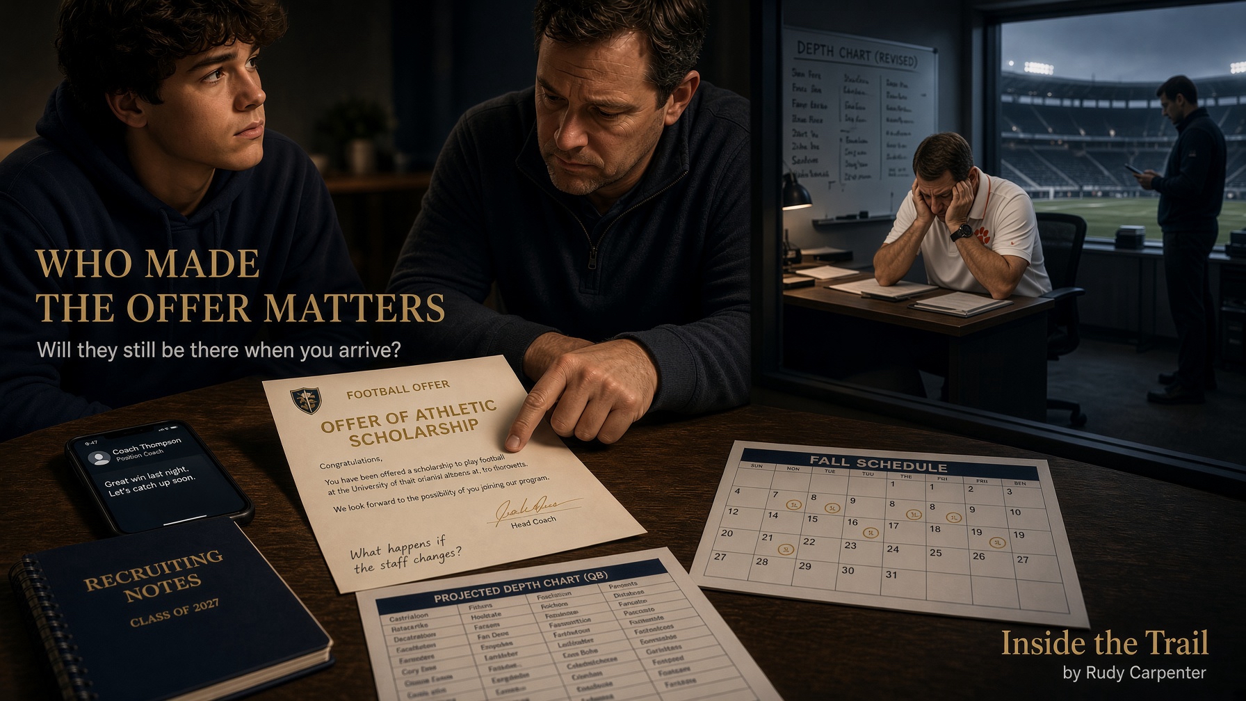 Empty college football coach's office at dusk, single desk lamp casting warm amber light against half-drawn blinds, no people
