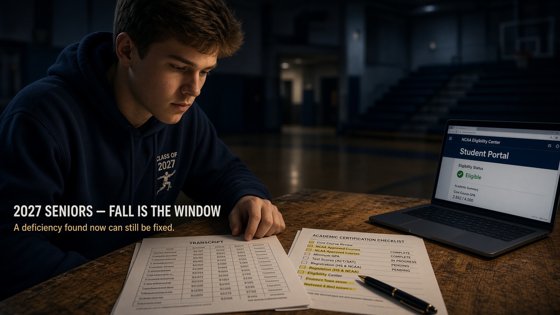 A parent and athlete from behind walking toward stone steps of a collegiate brick building, warm afternoon light, football helmet at the athlete's side