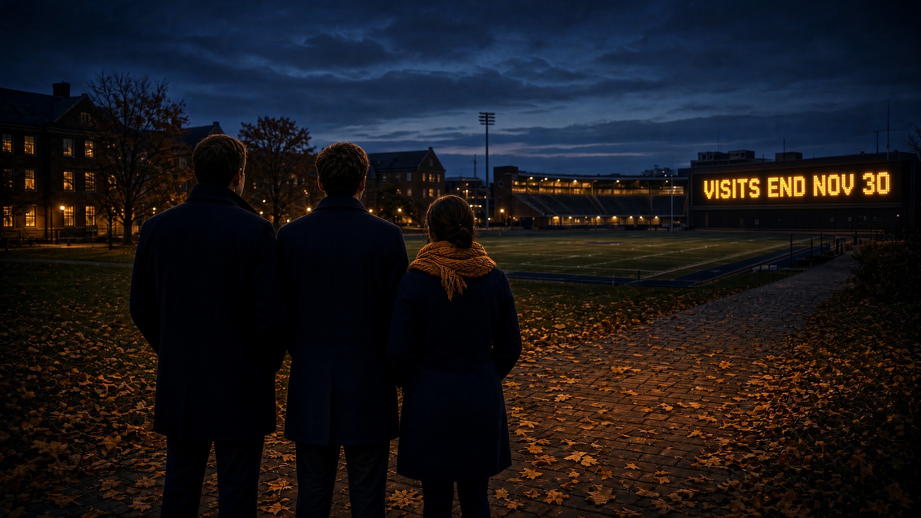 A lone figure in a dark windbreaker observes from empty high school stadium stands at night, amber field lights below